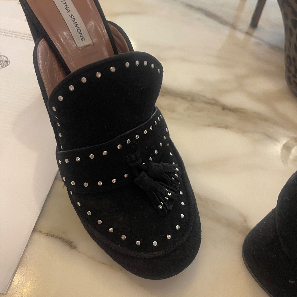Tabitha Simmons black mules with grommets